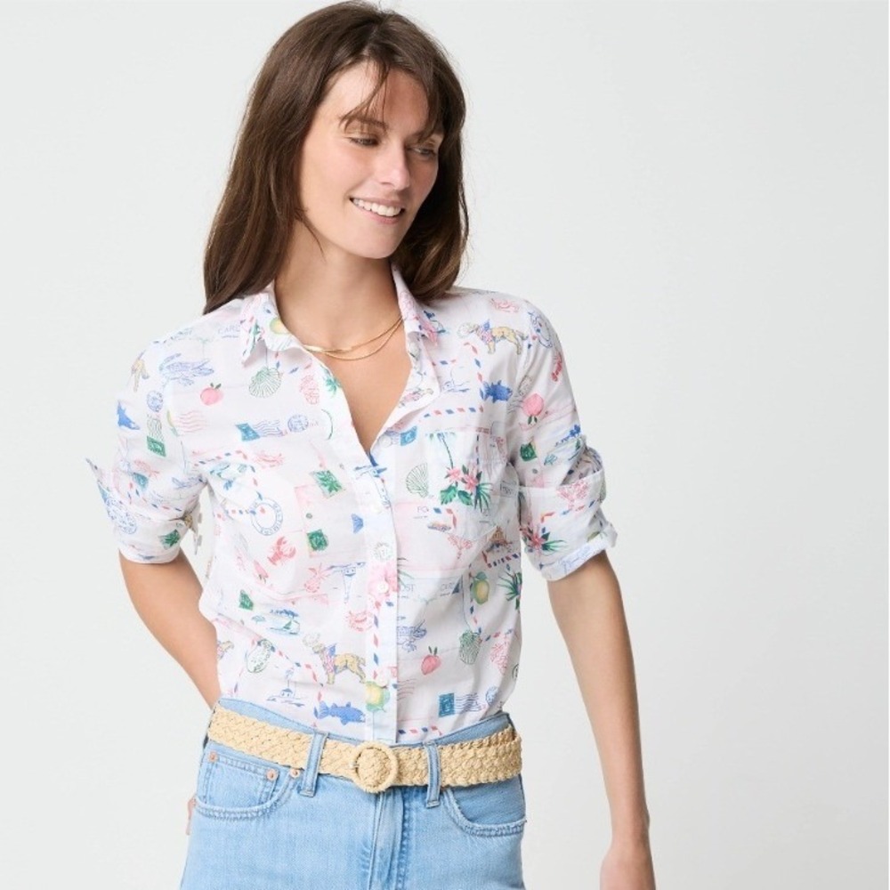 J.Crew Womens Postcard Travel Print Button Down Shirt White Size S NWOT